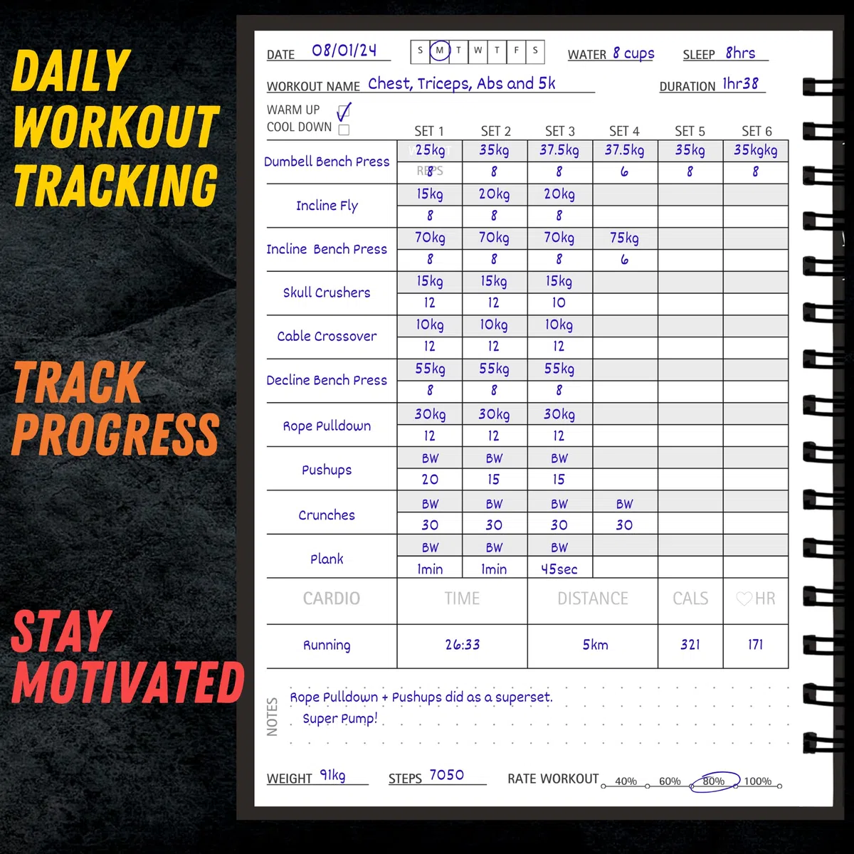 Cuaderno de registro de entrenamiento (cubierta premium) para seguimiento de gimnasio y establecimiento de objetivos, 140 páginas, páginas premium de 120 g/m², libro de registro de gimnasio y