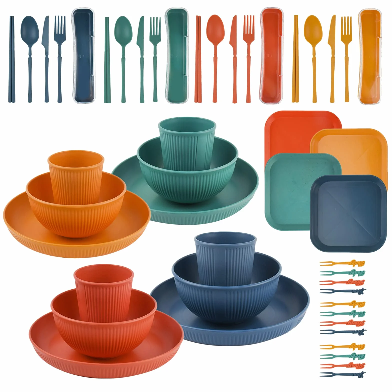 Vajilla Camping, 48 Piezas Platos Plastico Duro Reutilizables, Vajilla Picnic Contiene Plato Cuenco Cuchara Taza Cubiertos, Set Cocina Camping para Familia Al Aire Libre Viajes- 4 Personas