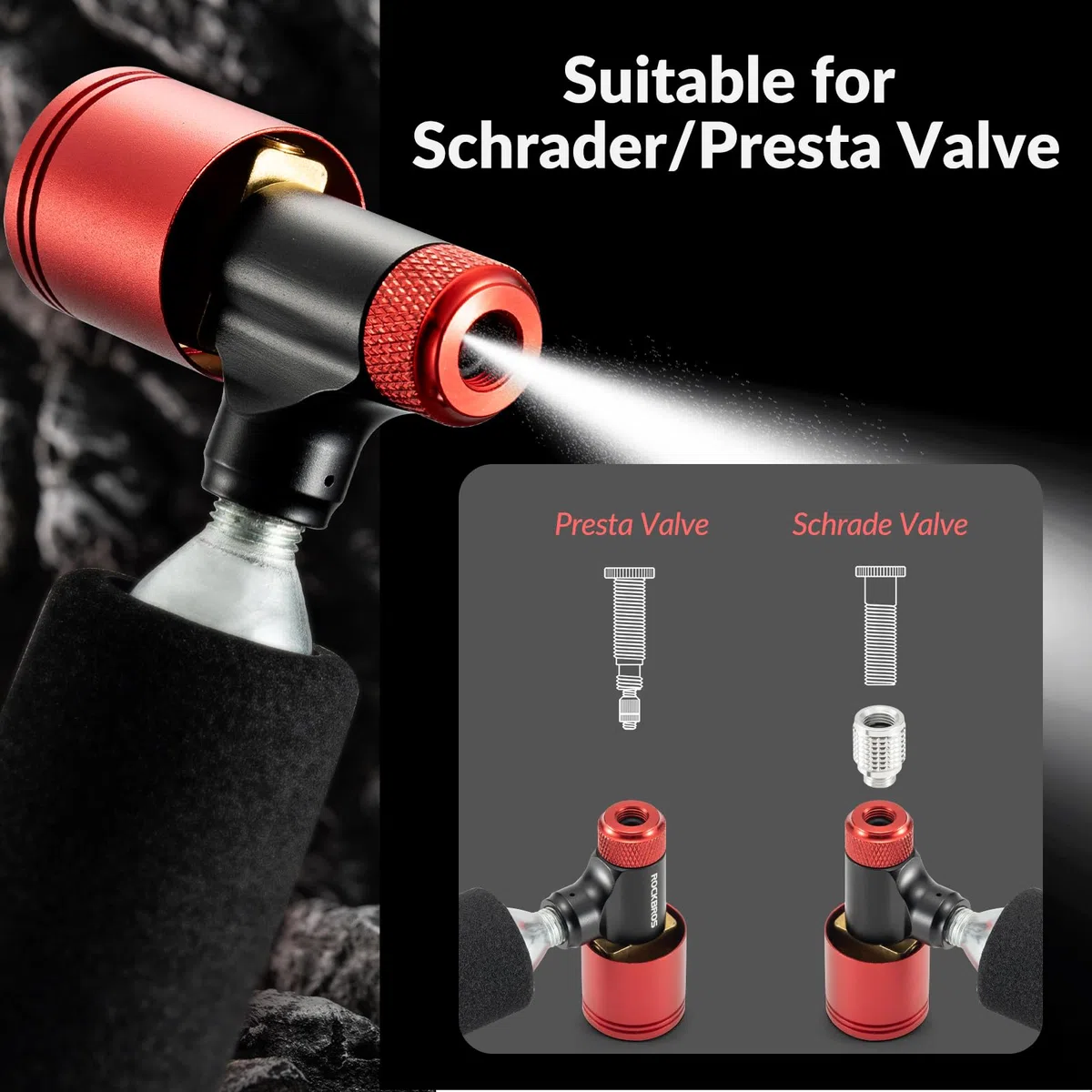 ROCKBROS Inflador de CO2 con Funda Aislada con Manómetro Compatible con Válvula Presta y Schrader Bomba Bicicleta para Neumáticos