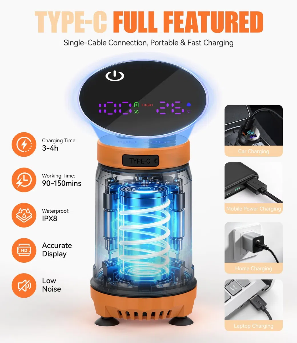 Ducha Portatil Camping con Pantalla de Temperatura y Potencia, 8000mAh Recargable para Exteriores, Modo de 5 Velocidad, Electrica Ducha Camper para Baño Playa Viajes Jardín Furgoneta