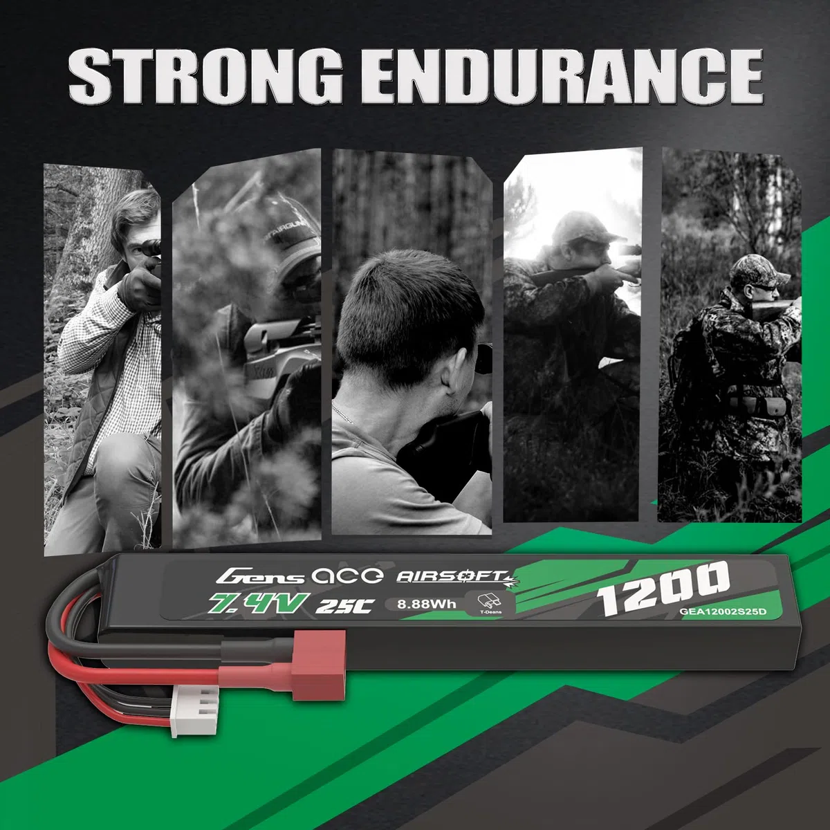 Gens Ace Batería LiPo 7,4 V 1200 mAh 25C 2S1P con Conector Deans (T-Deans), Compatible con Réplicas de Airsoft AEG