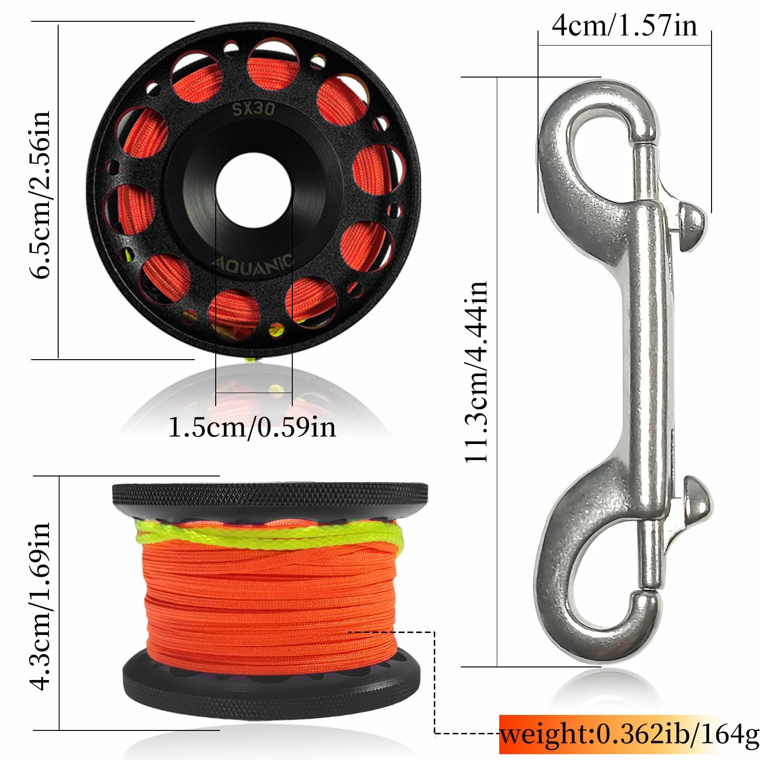 Carrete de buceo de 99 pies, carrete de dedo con perno de doble extremo, clip de presión de aluminio, carrete de carrete de dedo para esnórquel, buceo, pesca, color negro
