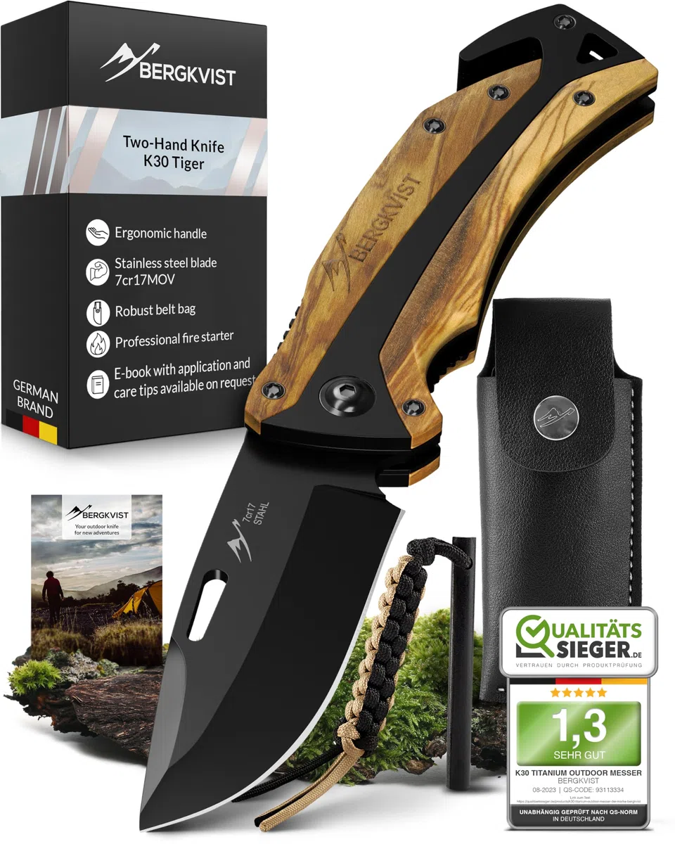 BERGKVIST K30 Cuchillo plegable Tiger [navaja de dos manos] | Navaja de bolsillo 3 en 1 con rompecristales y cortacinturones para exteriores y supervivencia, mango de madera