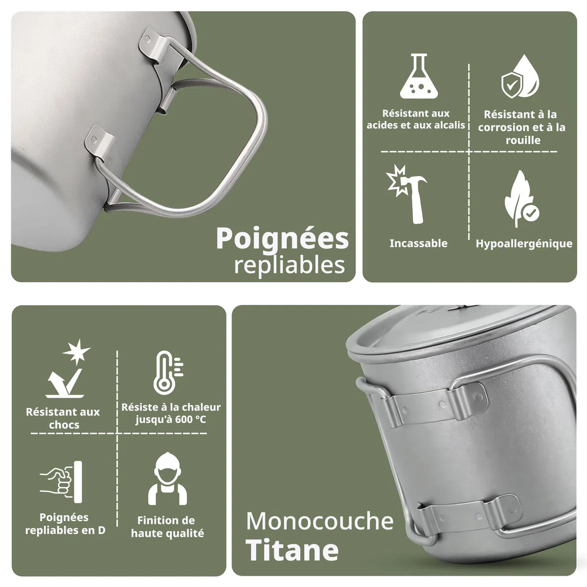 Keith Titanium Taza de Titanio de 450 ml de Una Sola Capa, Ti3204, Taza de Café Portátil con Tapa y Asa Plegable, Vajilla Portátil para Té y Café, Ideal para Camping, Picnic, Mochilero y Senderismo