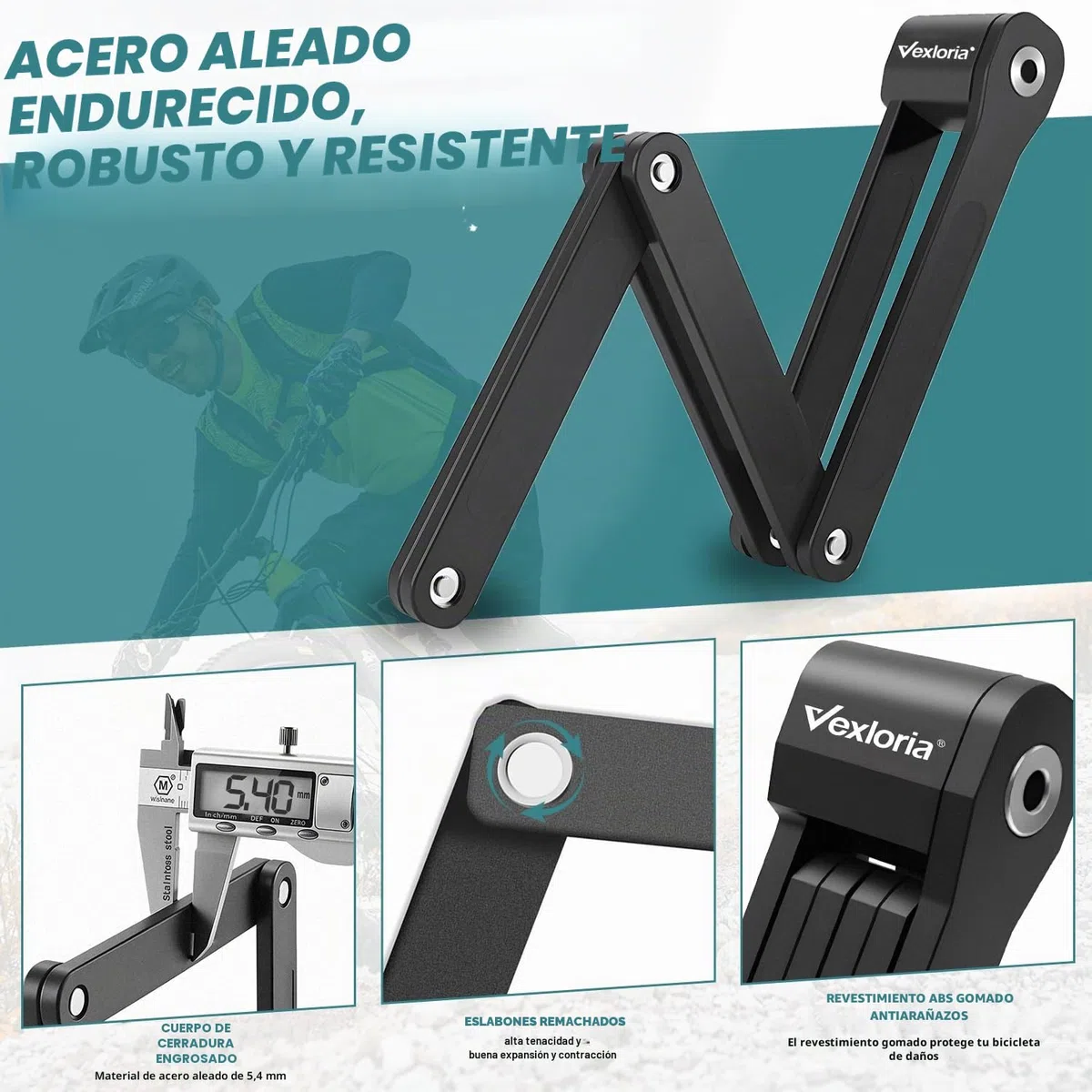 Vexloria Candado Plegable para Bicicleta | Alta Seguridad Antirrobo | Acero Endurecido | Longitud 86 cm | Con Soporte | Para Bicicleta, E-Bike y Moto