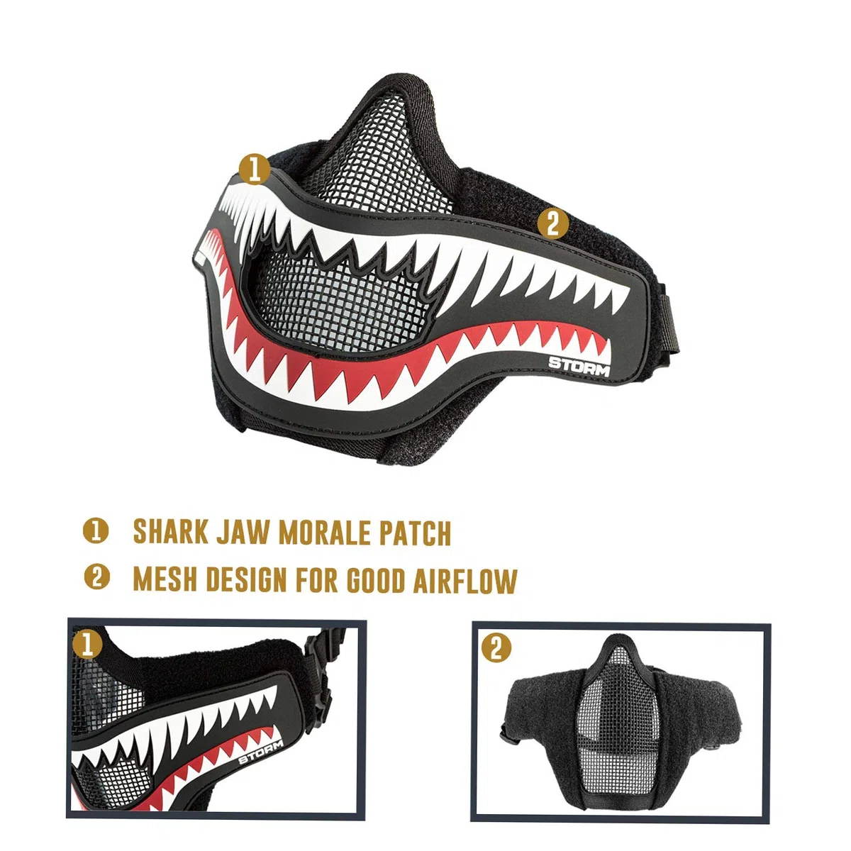 OneTigris X Storm Máscara Táctica Plegable de Media Cara con Malla + Parche Moral para Practicar Airsoft y Paintball CS con Correa Ajustable y elástica, Lower Face Mask