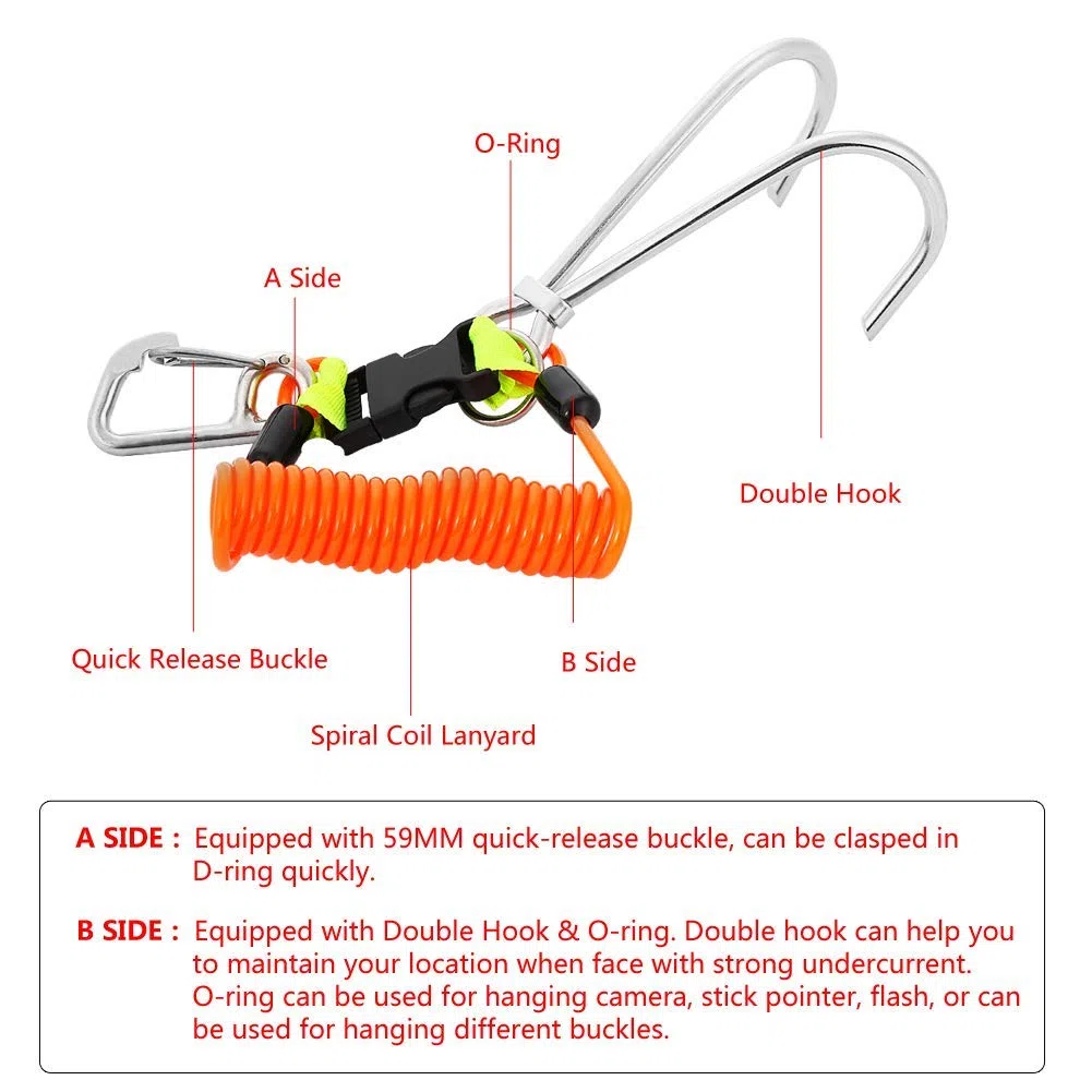 Alomejor Gancho de Arrecife para Buceo, Gancho Doble de Arrecife de Acero Inoxidable con Cordón de Bobina en Espiral, Accesorios de Seguridad para Buceo