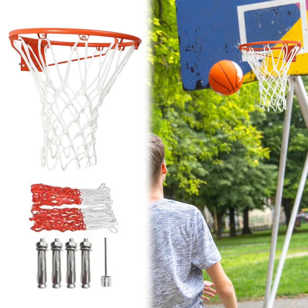 Canasta De Baloncesto, Aro De Baloncesto De Pared, Aro De Metal De 35 Cm con Red, Canasta De Basquetbol Profesional para Uso Interior Y Exterior, Resistente A La Intemperie,Incluye Aguja De Inflado