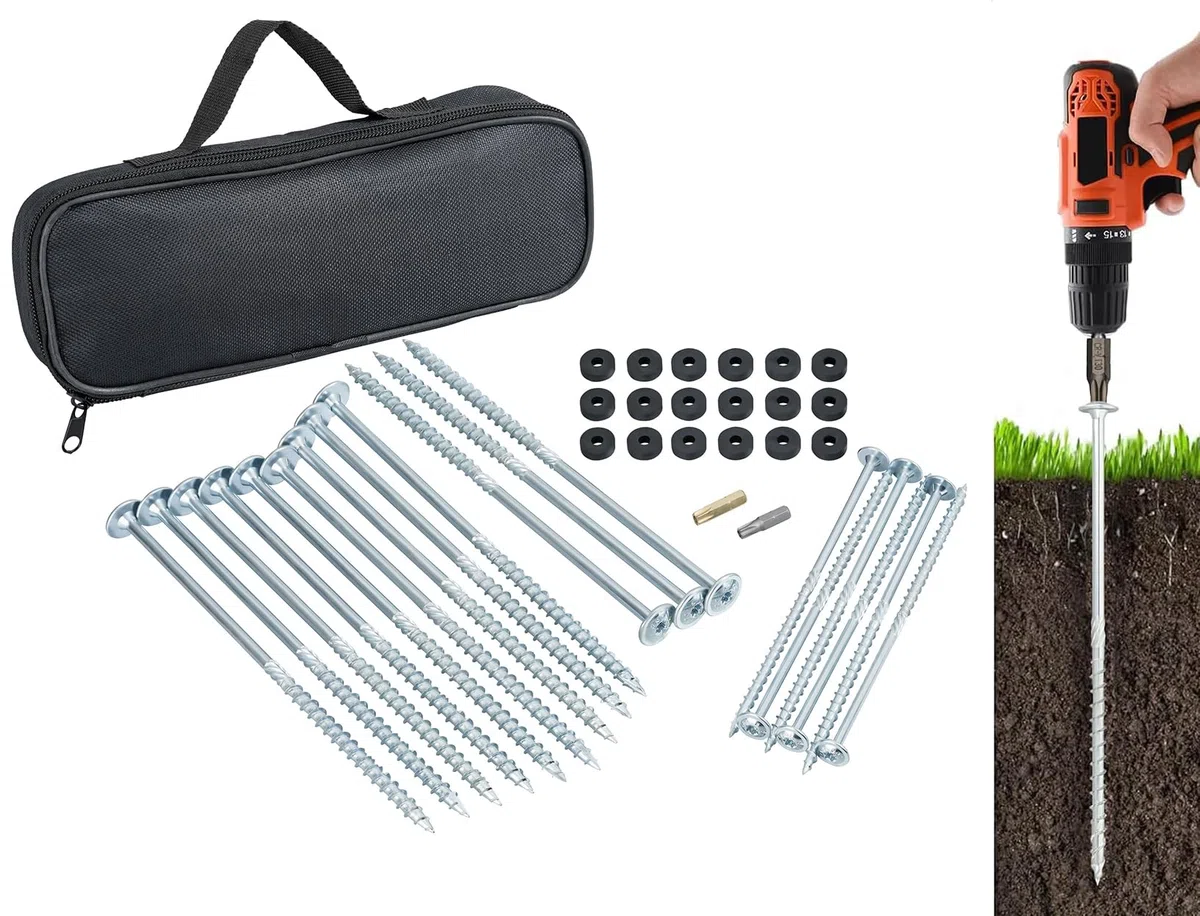 18 piquetas de tornillo para tienda de campaña, incluye accesorio de punta y 18 arandelas, caja de transporte para camping, fijación de tiendas de campaña, caravana o tienda de campaña antitormentas