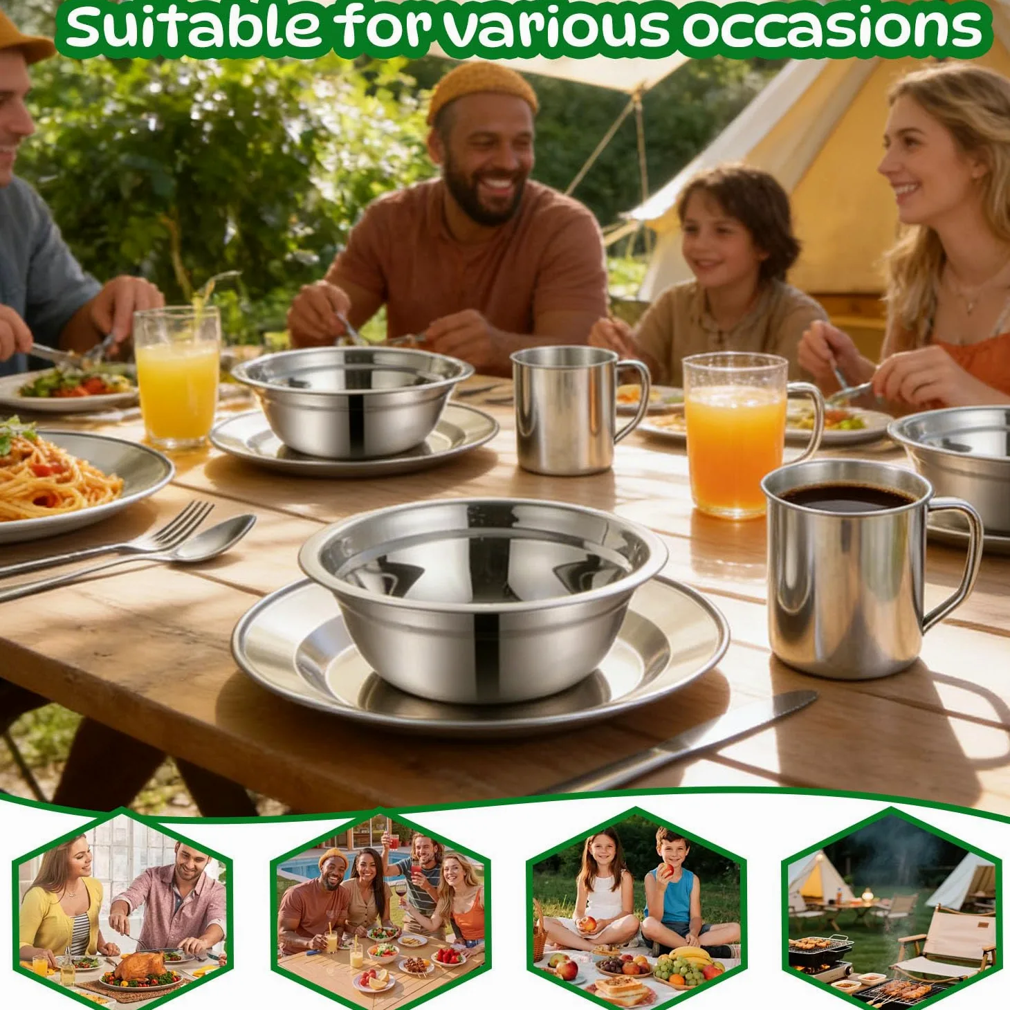 Vajilla Camping,Vajilla de Acero Inoxidable,con Placa Tazon Tenedor Cuchara Cuchillo y Bolsa de Red,para Autocaravana,pícnic,Viajes,Aire Libre