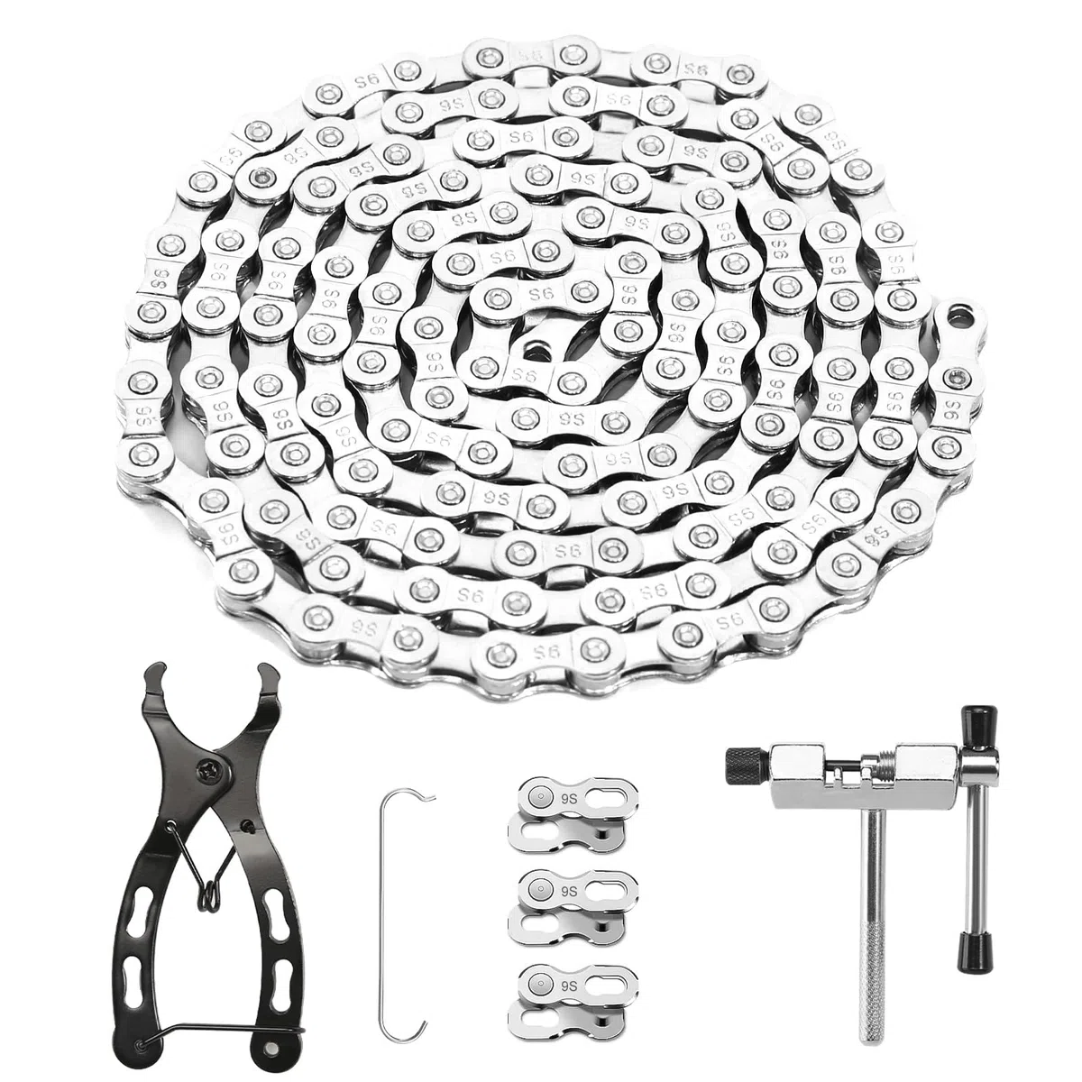 Cadena de bicicleta de 9 velocidades con pinza antirrobo y 3 pares de cadenas antirrobo para MTB (1/2 x 11/128", 116 eslabones)
