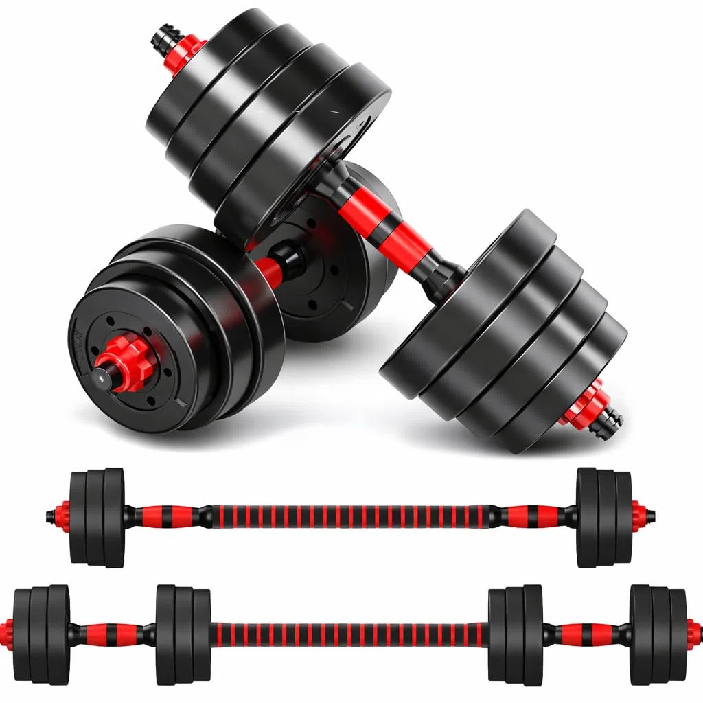 Juego de Mancuernas 2 en 1 10,15,20,30,40 y 50kg con Barra Recta Ajustable discos Recubiertos