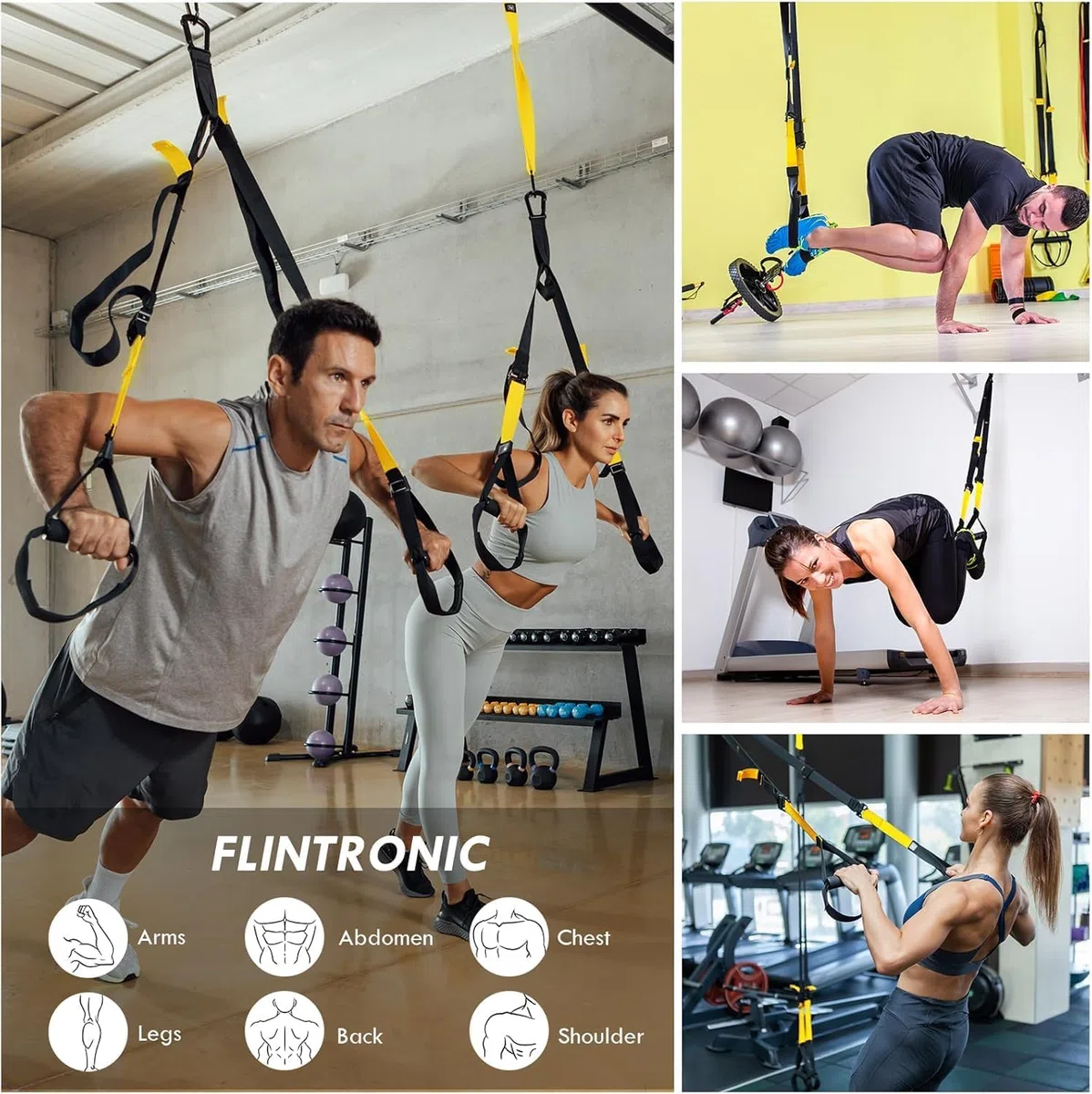 flintronic Juego de Entrenamiento en Suspensión, Correas de Entrenamiento en Suspensión con Asas y Guía de Entrenamiento, para Entrenamiento en Casa y Entrenamiento de Fuerza (Amarillo)