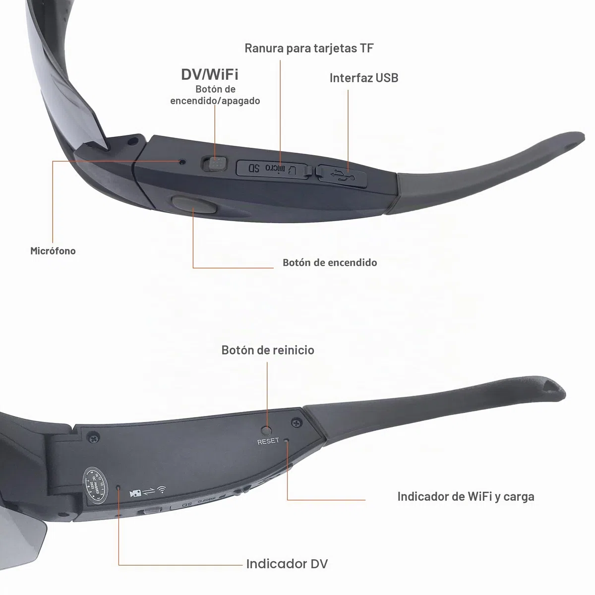 Gafas de sol con cámara WiFi, gafas de captura de video HD 4K con protección UV400, lentes polarizadas para deportes al aire libre, compatible con iOS y Android, tarjeta TF de hasta 256 GB