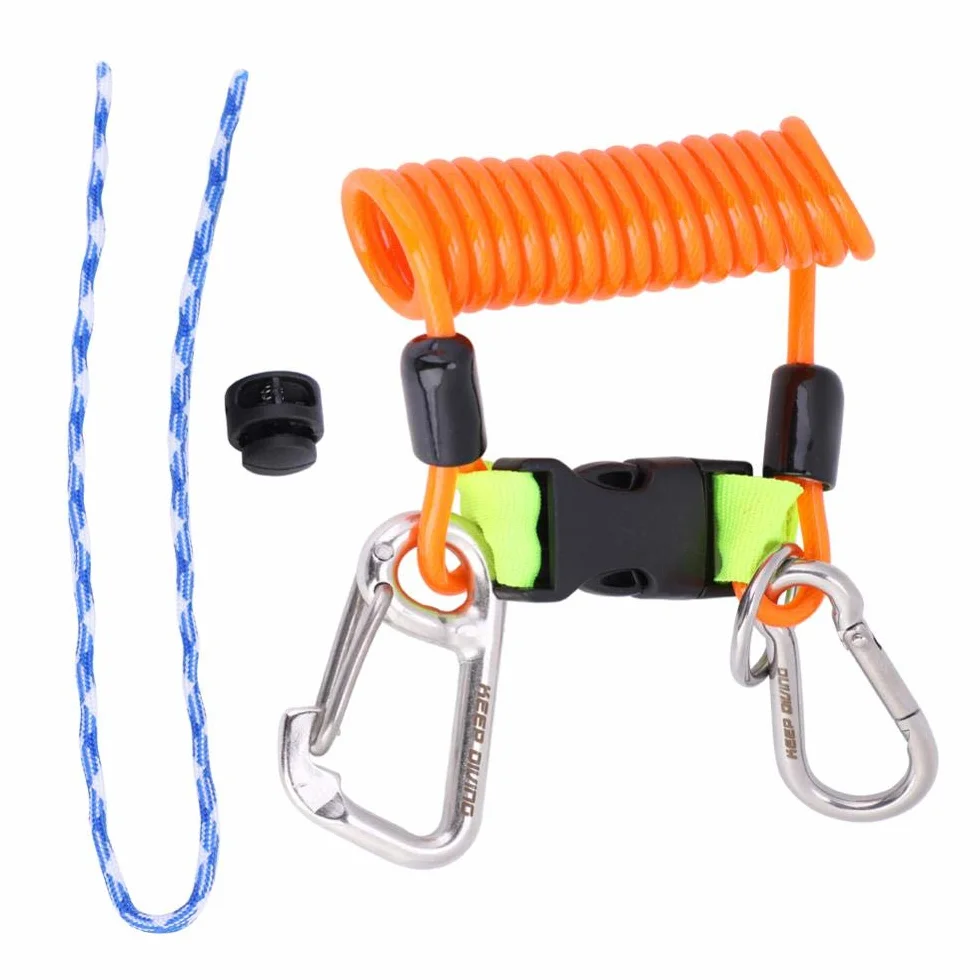 Keenso Cuerda Elástico para Buceo, Conjunto Estirado, Enganche Metálico y Mosquetón(Naranja)