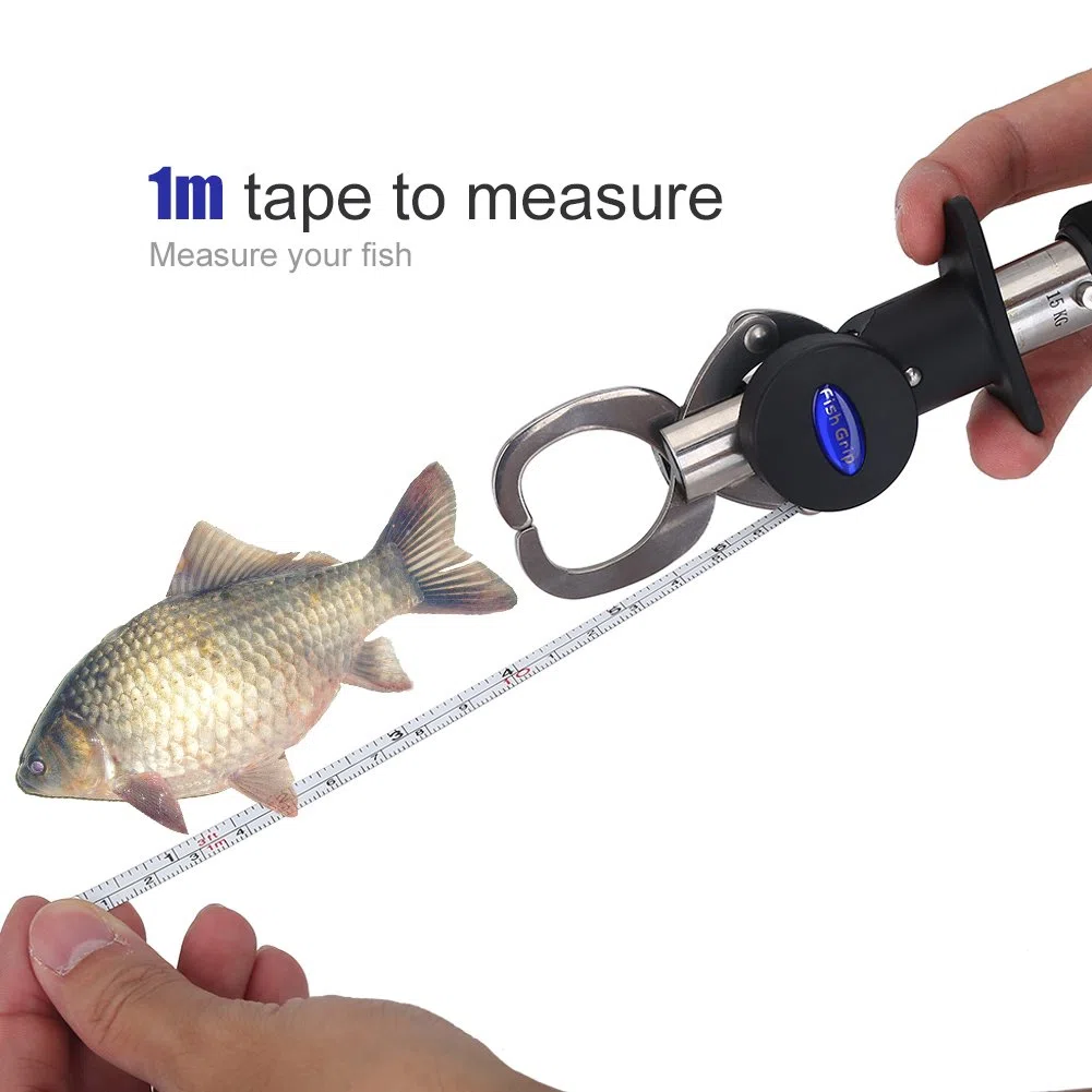 Agarrador de Pescado Agarrador de Pescado Sujetador de Pescado con Cinta de Medir de 1M 15KG Balanza de Pesar Herramienta de Pesca con Balanza de Peso