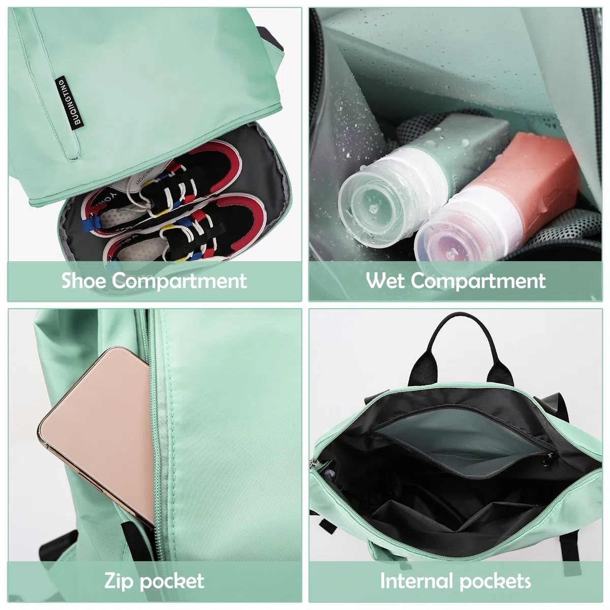 Mochila Deportiva Mujer Hombre Bolsa Viaje Impermeable Mochila Playa con Compartimento Zapatos/Bolsillo Húmedo Ajustable Casual Ligera Pequeña Bolsa Natación para Gimnasio Compras Fitness,Verde