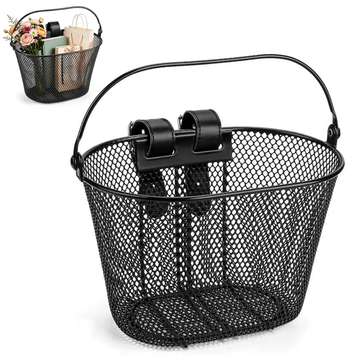 Cesta para bicicleta infantil delantera de metal, cesta de manillar con correa de piel, cesta extraíble para bicicleta para niñas y niños, estable y ligera