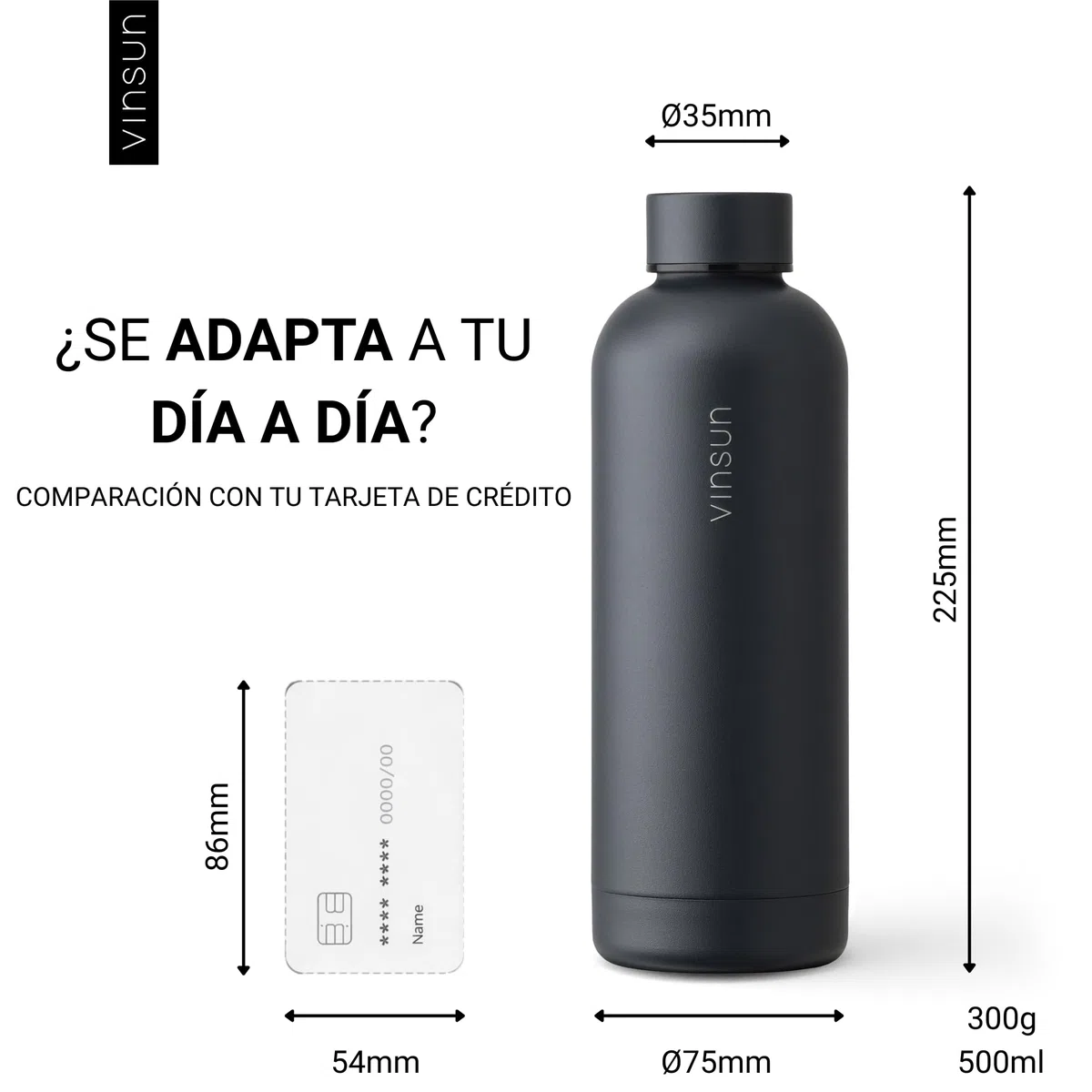 Vinsun Botella agua acero inoxidable 500ml - Antigoteo, sin BPA, reutilizable - Botella termica antracita - Cantimplora termica para Deporte, Colegio, Bicicleta, Oficina