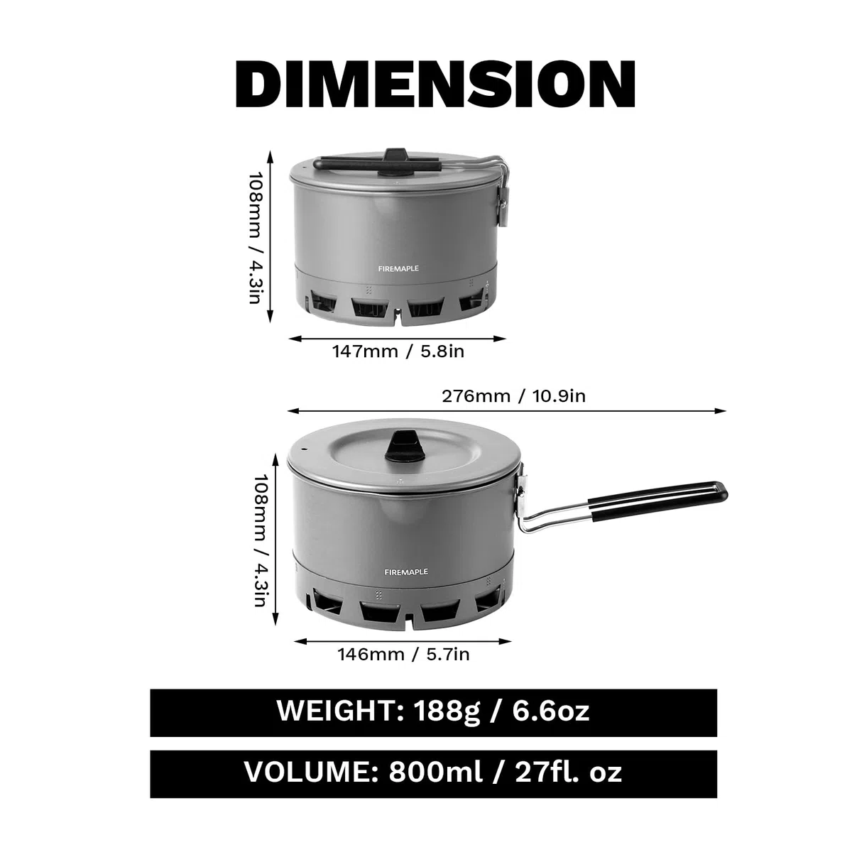 Fire-Maple Petrel Ramen Olla Ultraligera 800ml de Aluminio para Camping con Anillo Intercambiador de Calor–188g Olla de Mochilero con Asa Plegable Resistente al Calor