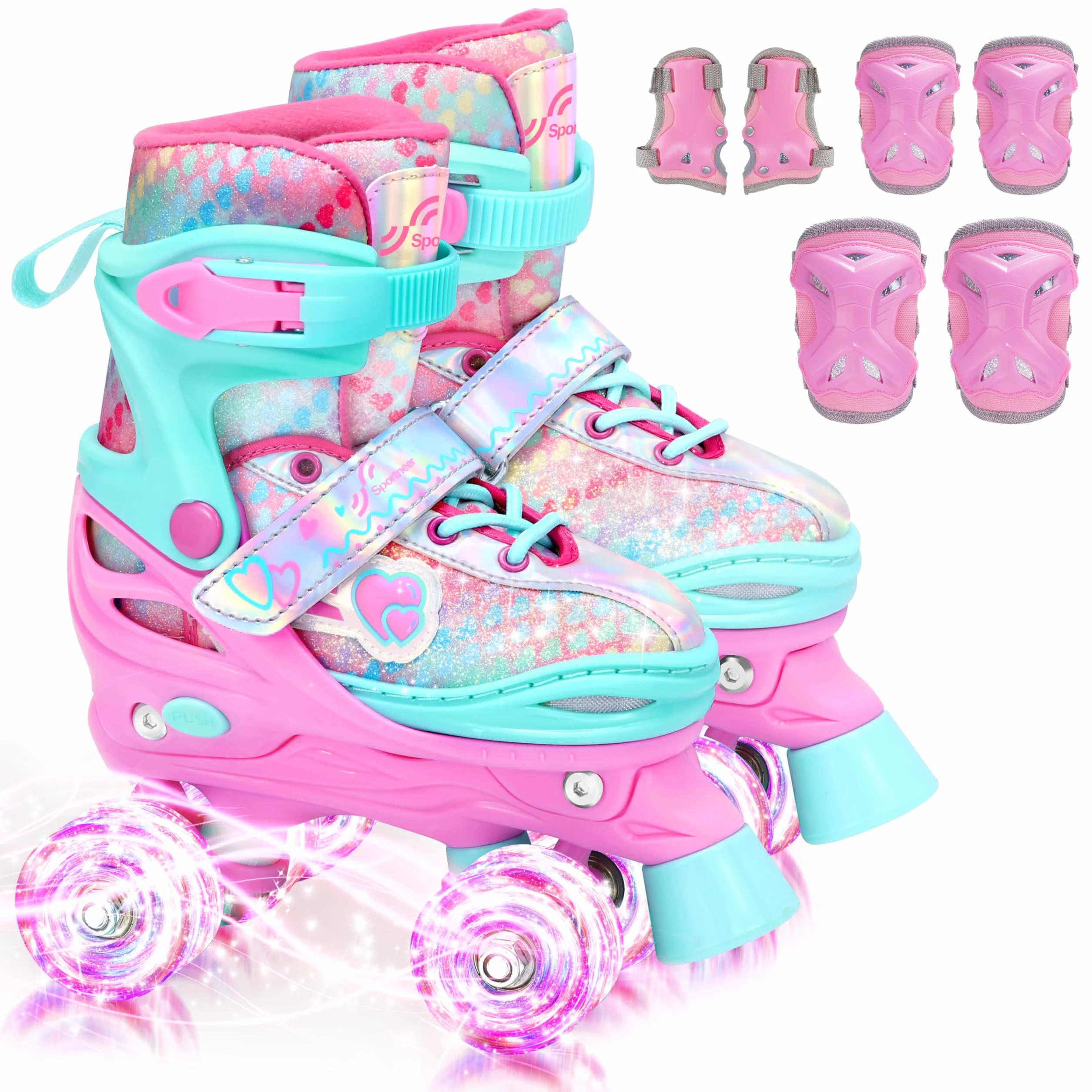Sportneer Patines de Ruedas para niños, con Equipo de protección, Patines Ajustables con 8 Ruedas Luminosas, para niñas, niños, Adolescentes, Principiantes, Interiores y Exteriores