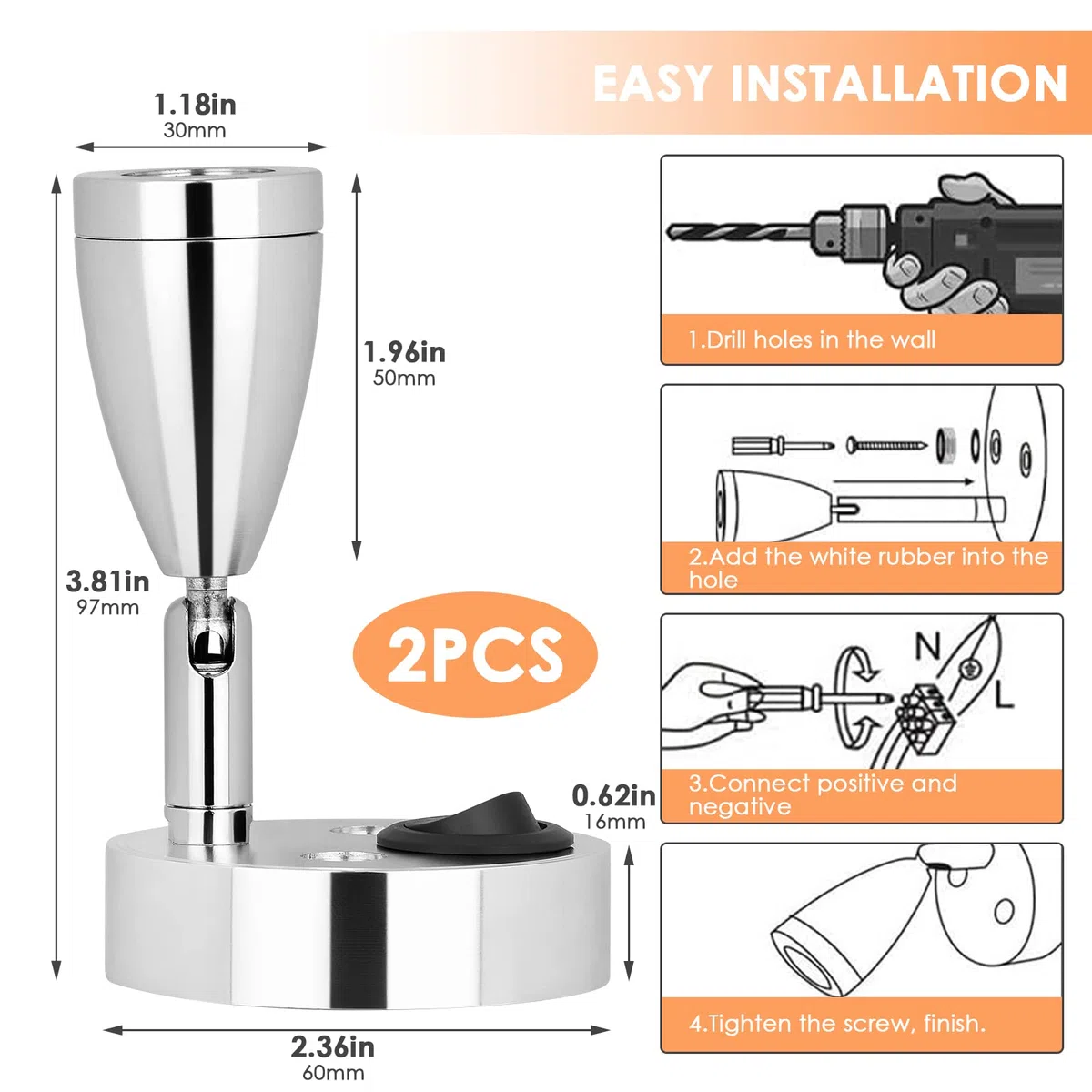 2PCS Luz de Lectura LED 12V, 3W Lámpara de Pared Regulable 3000K con Interruptor para Barco Autocaravana Caravana Camper Cabina Camión
