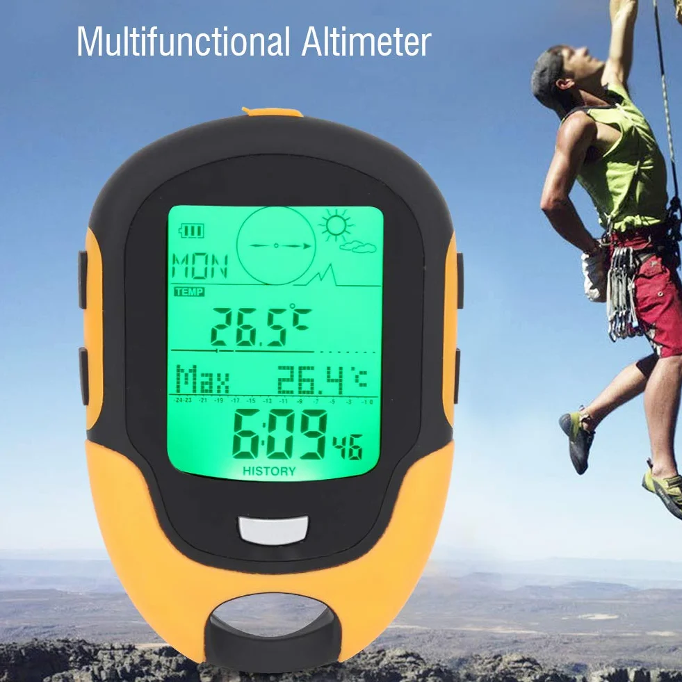 Fyearfly Barómetro Digital Altímetro Brújula, 7 en 1 Coche Altímetro Brújula Barómetro Termómetro Higrómetro con Linterna y pronóstico del Tiempo para Acampar al Aire Libre