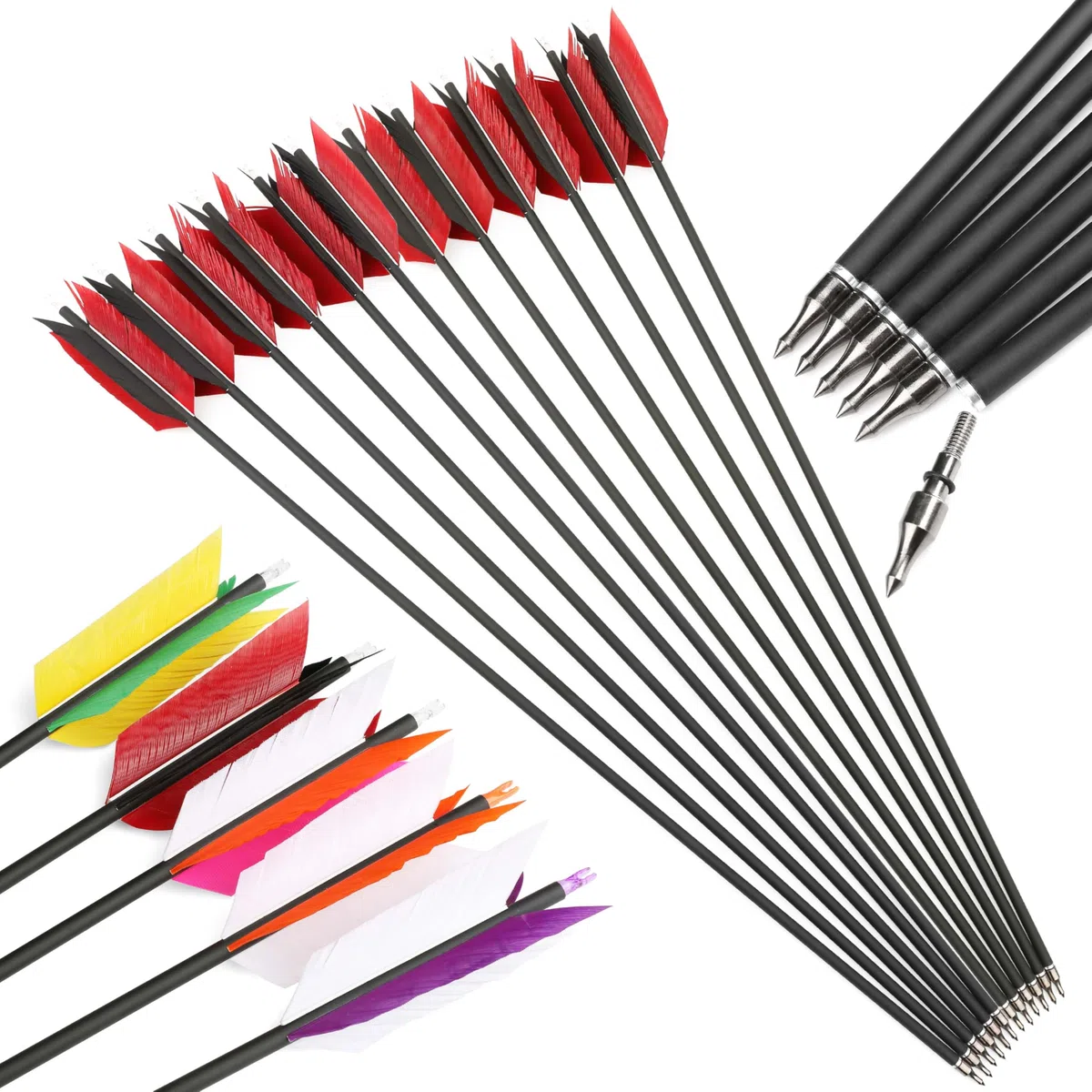 Flecha de Carbono de 30 Pulgadas Flu-Flu Flecha con 4pcs Plumas de Pavo Fletching 500 Spine Flecha de Tiro para Arco Compuesto Arco Recurvo 6/12pcs