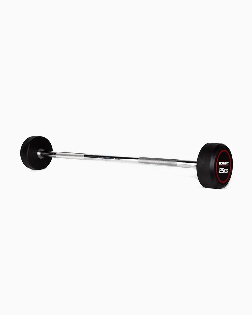 BOOMFIT Barra de Peso Fijo Recta 10-50 kg | Acero Cromado Extremos de Goma | Gama lista para usar sin montar discos | Reduce el ruido y protege el suelo | Sentadillas, press y remo en casa o box