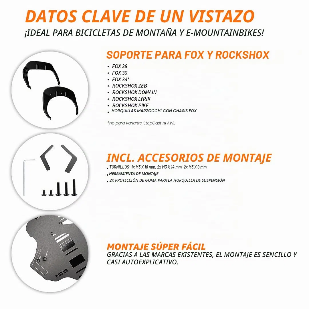 Unleazhed Guardabarros atornillable | M01 Bolt On Mudguard | Para Fox 34*,36*,38 | Rockshox Zeb, Domain, Lyrik, Pike (consultar descripción) | Fabricado en Alemania