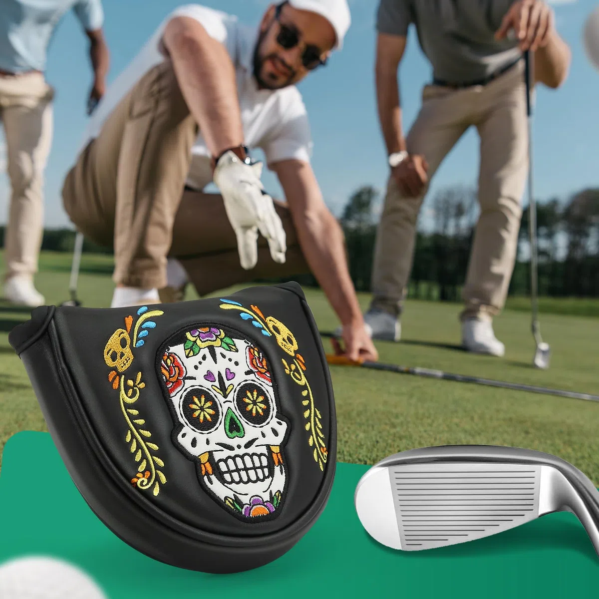 Fundas para cabeza de putter, cubierta de cabeza de putter, cierre magnético de alta calidad para cubierta de cabeza de golf, piel sintética negra, patrón de calavera colorida