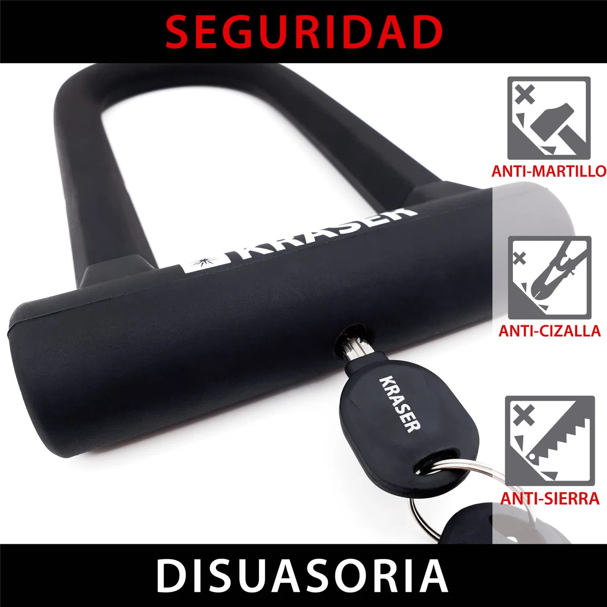 KRASER KR65145B Candado Bicicleta U, Alta Resistencia, Compacto + Cable 120cm Más Seguro y Páctico, Horquilla ø16 Acero de Doble Bloqueo, Soporte Fácil Transporte, Antirrobo Universal Bici Patinete