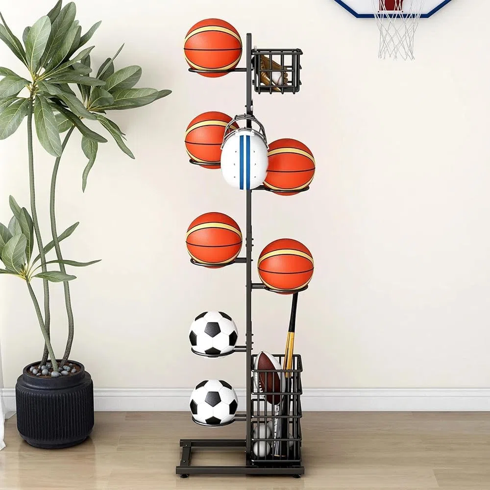 Estante de almacenamiento para balones de fútbol, baloncesto, voleibol, fútbol, equipo deportivo, organizador con cesta para garaje o gimnasio