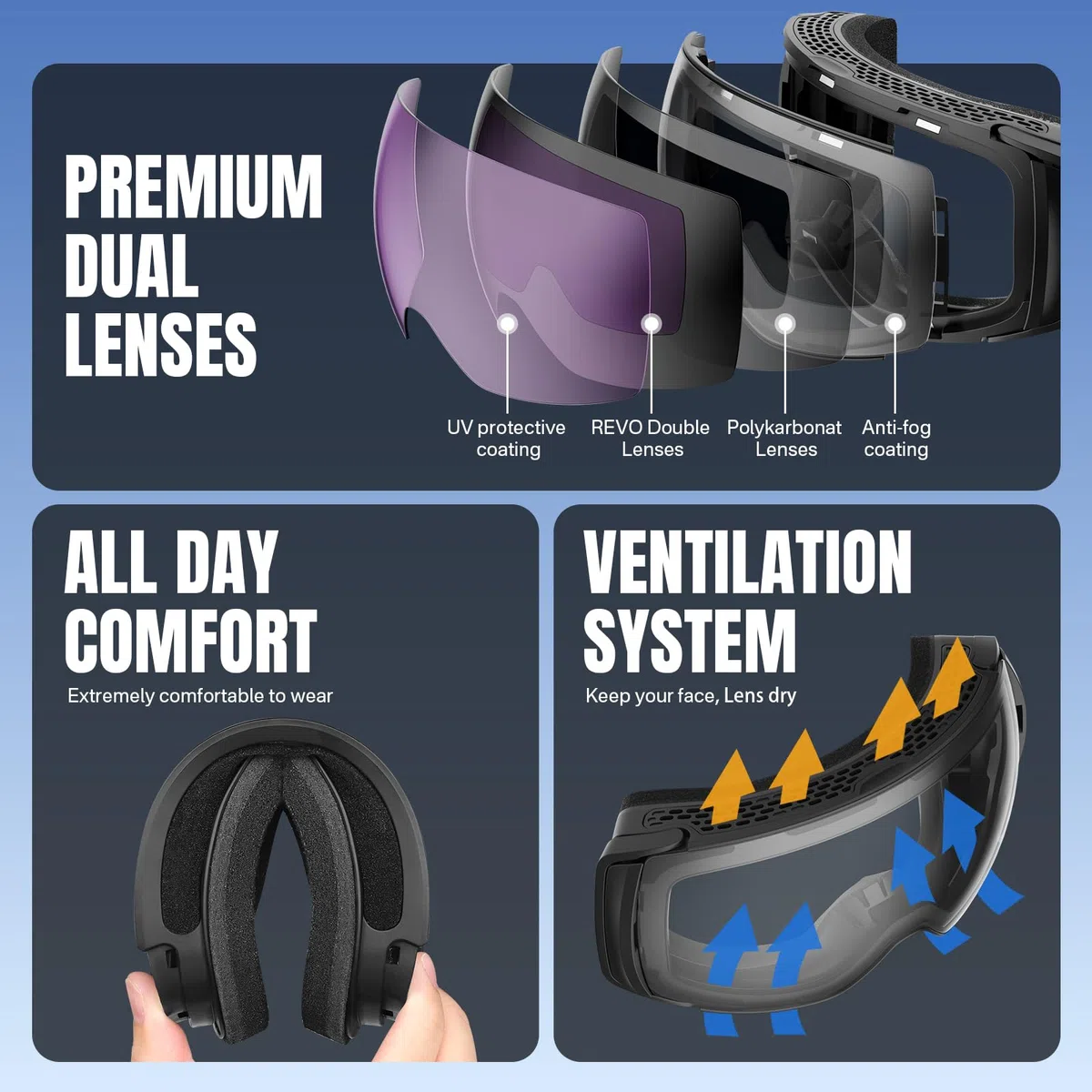 Gafas de esquí,Gafas de snowboard con protección UV400,OTG Gafas de esquí para usuarios de gafas,antiempañamiento gafas de esquí para snowboard