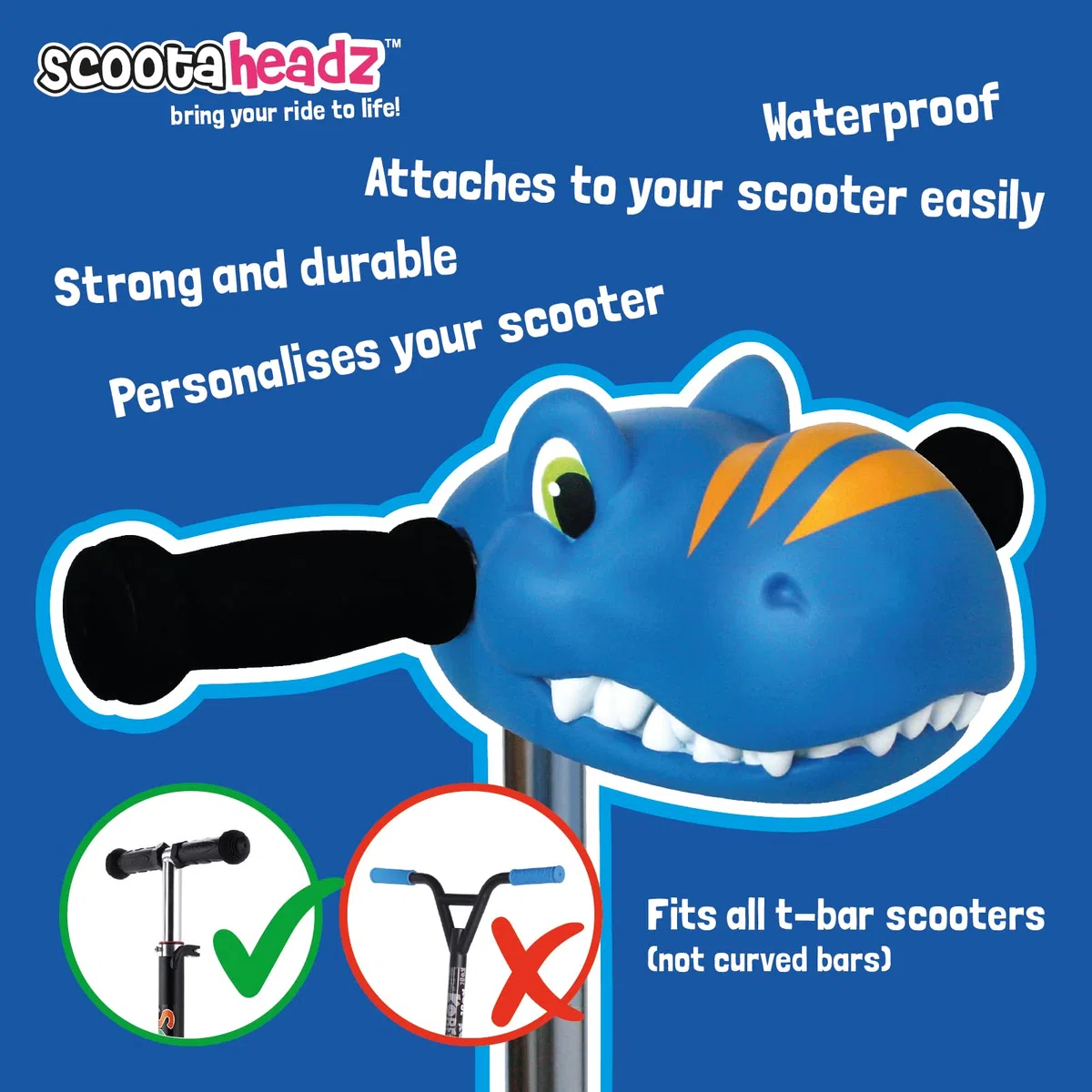 Scootaheadz - Cabeza de Tiburón para Patinete: Accesorio para Personalizar Patinetes Infantiles - A Partir de 3 Años - Manillar de Tiburón Azul, Rojo y Plateado - Accesorios para Patinetes de Niños