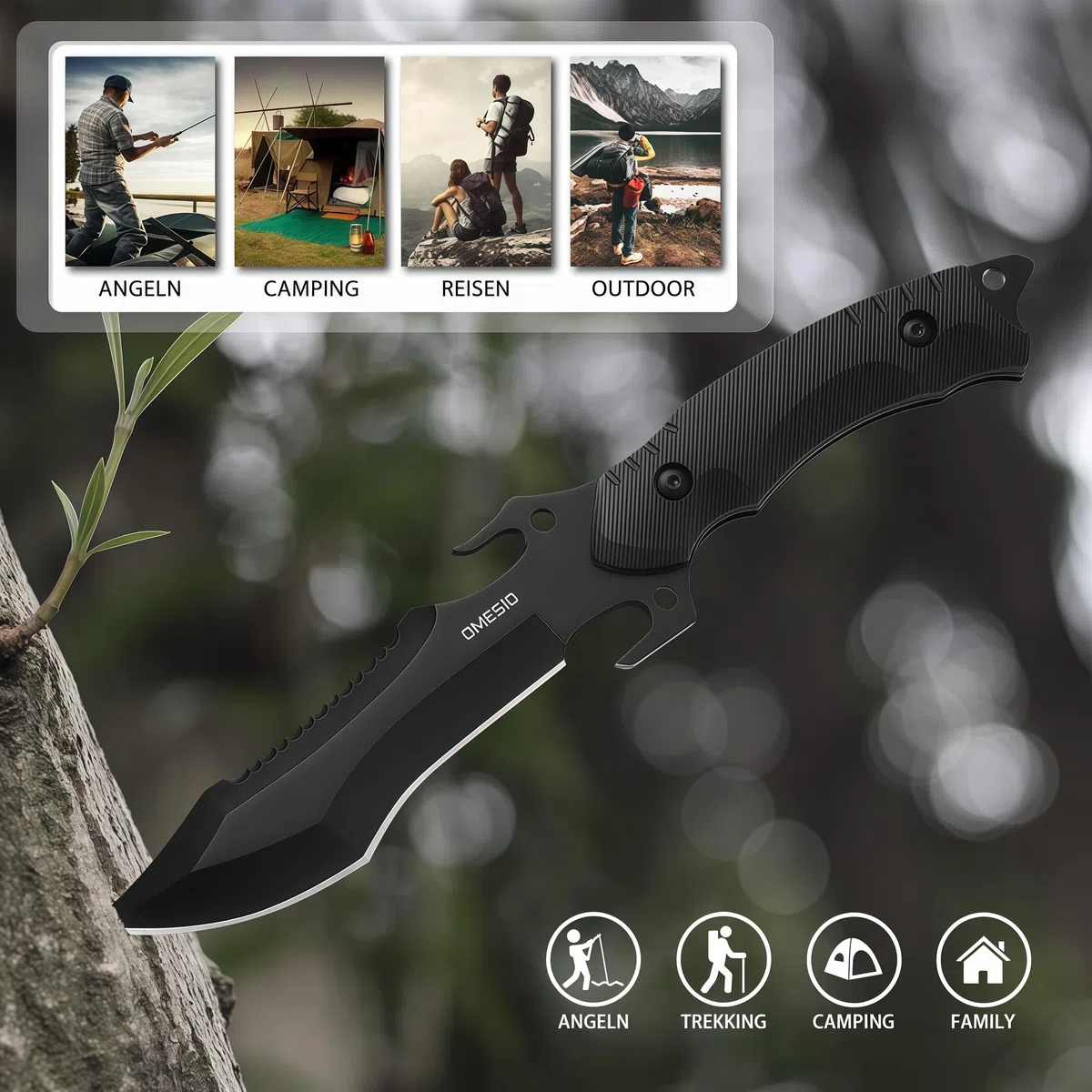 Omesio Cuchillo de caza Cuchillo de supervivencia Outdoor Multifuncional Full-tang Supervivencia, Hoja de filo fijo, Negro (A-NOIR)