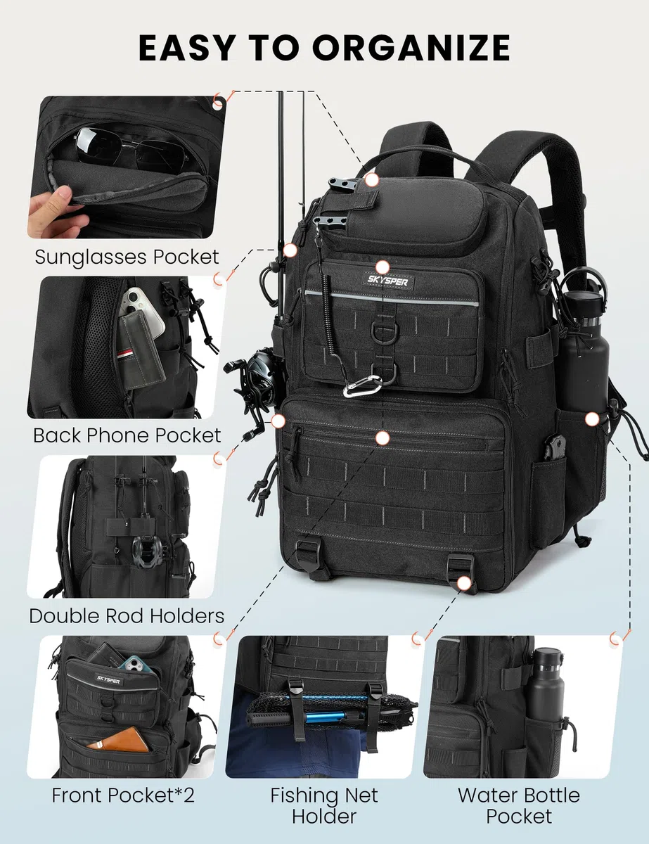 SKYSPER Mochila de Pesca con Soporte para Cañas de Pescar 40L Grande Bolsa Pesca Mochila para Pesca