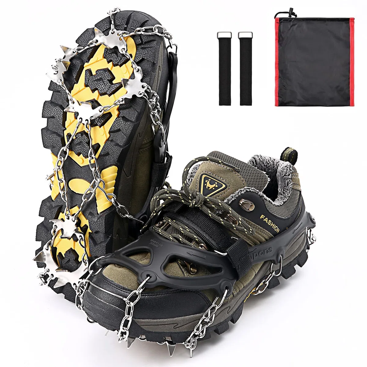 19 Dientes Crampones,Crampones para Botas,Tacos de Hielo Tracción con Cadena de Acero Inoxidable Antidesilisantes,para Caminar, Senderismo, Escalada, Pesca y Montañismo