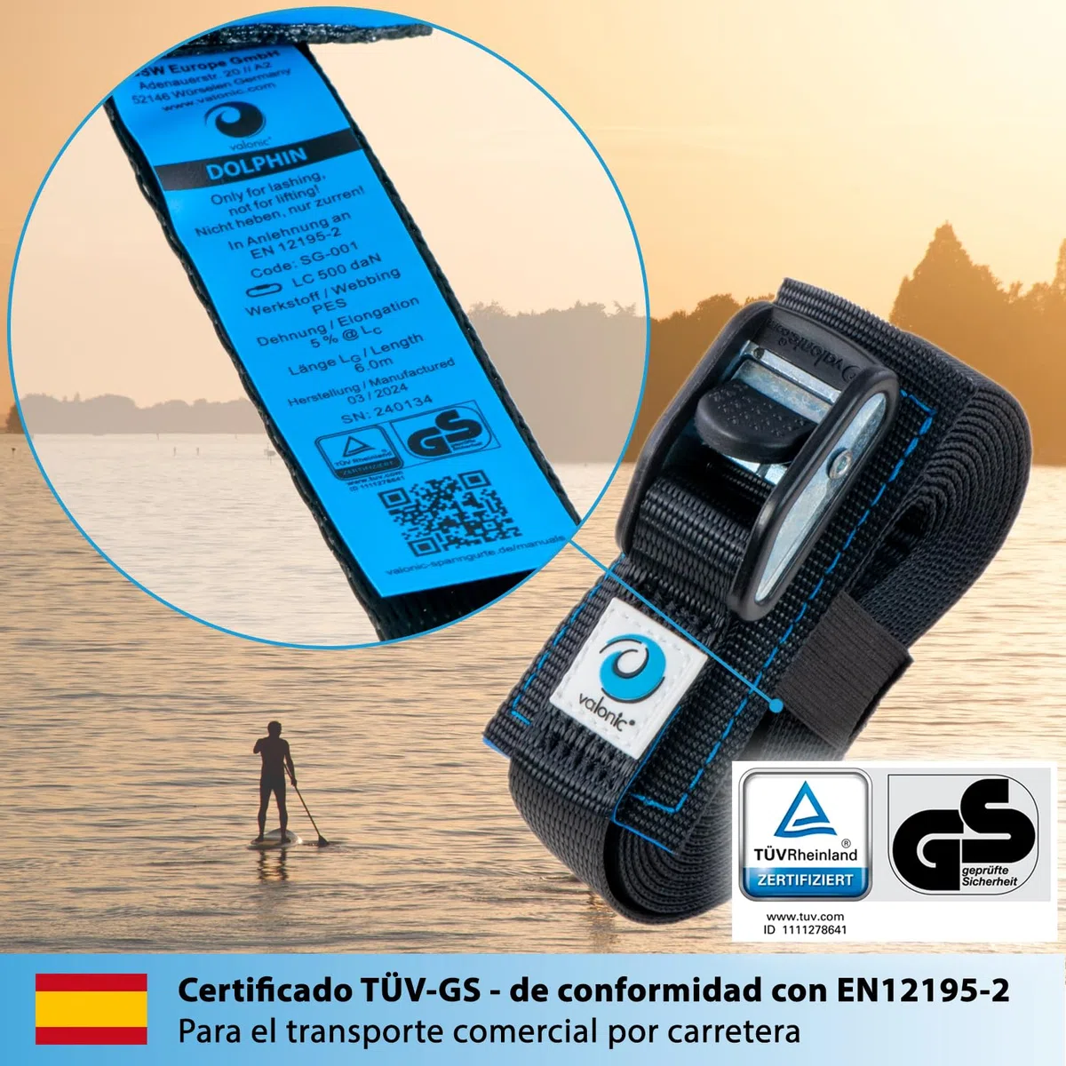 valonic Dolphin - 2X 6m cincha de Amarre con Cierre de apriete, 25mm, 500 Kg, Acolchada, Certificado TÜV Rheinl. / GS, EN-12195-2 - Negro, Correa de Amarre para Tabla de Paddle Surf o Kayak