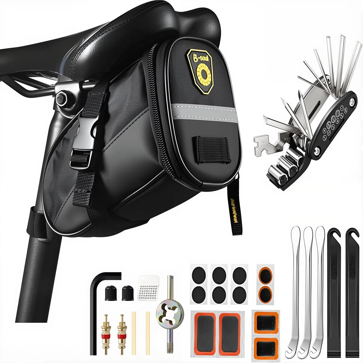 Bolsa de Sillín para Bicicleta con Herramientas Multifunción, 16 en 1 Kit Reparación de Pinchazos.