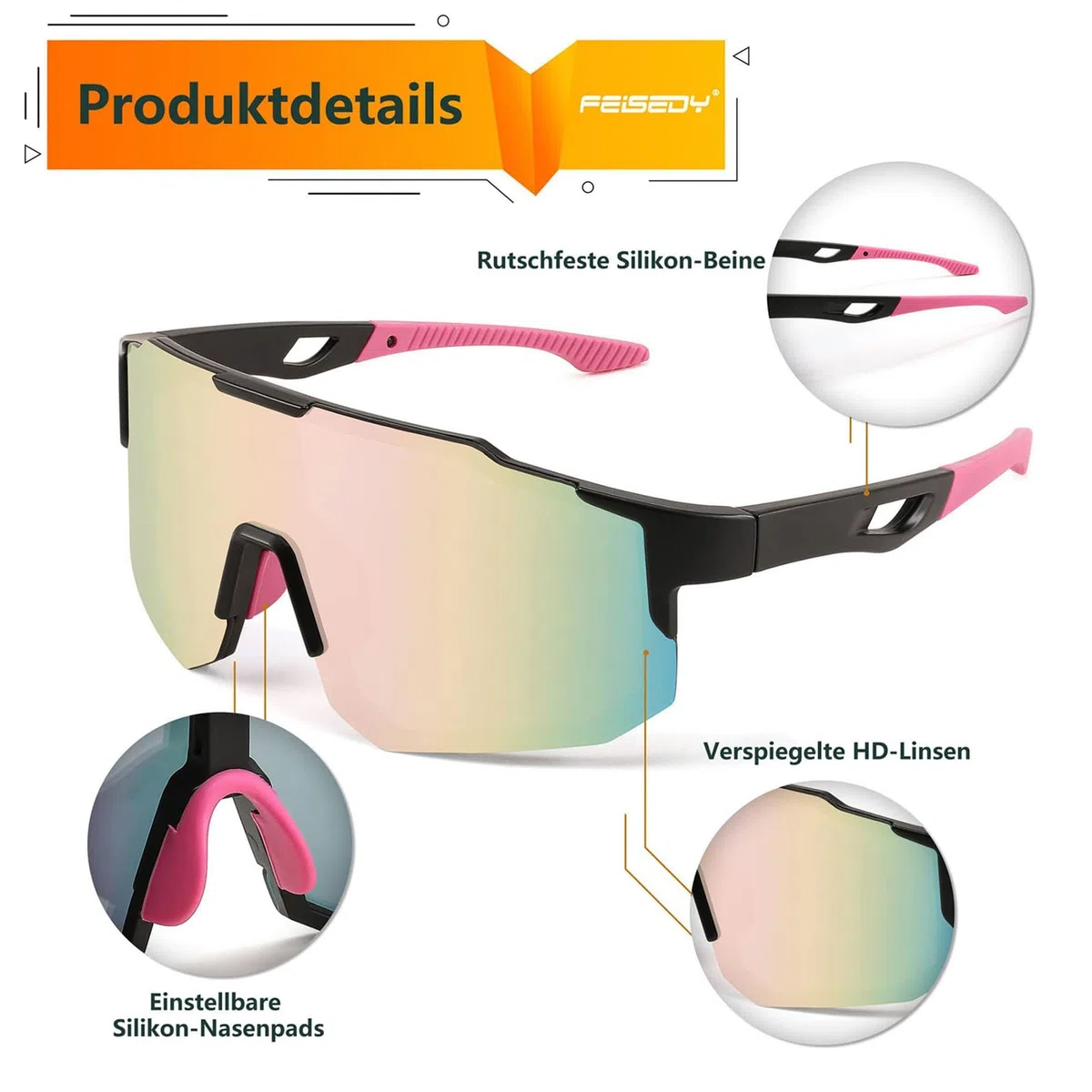 FEISEDY Gafas de Sol Deportivas para Hombre y Mujer Gafas de Ciclismo Gafas de Espejo Gafas Deportivas para MTB Carreras Correr Enduro con Protección UV400 B2388