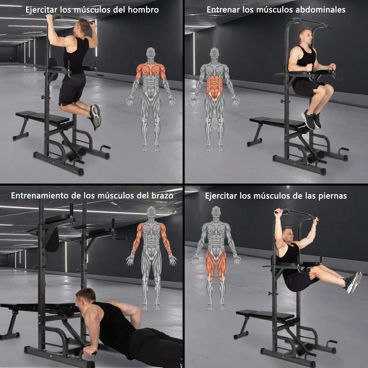 ALLINLIFE Estación de Musculación,Maquina Dominadas Multifuncional,Estación de Dominadas con Banco de musculación Plegable,Máquina de Musculación con Barra de Flexiones y Dips para Gimnasio en Casa
