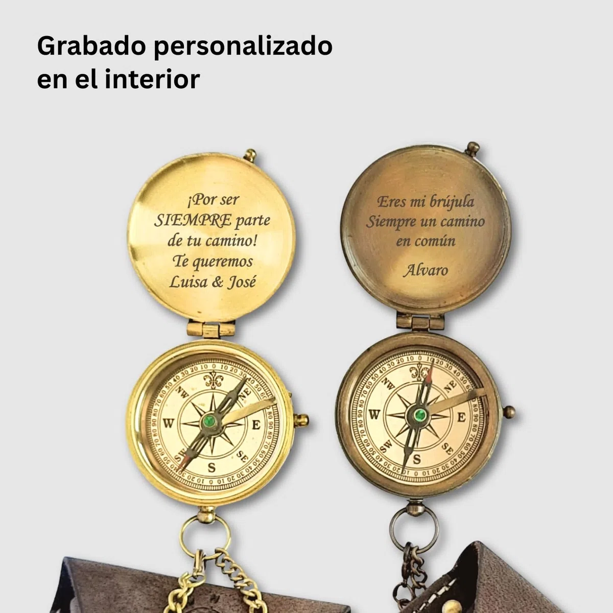 Brújula personalizada con grabado personalizable y texto personalizado, varios diseños, piel de latón, caja de regalo, gran idea de regalo