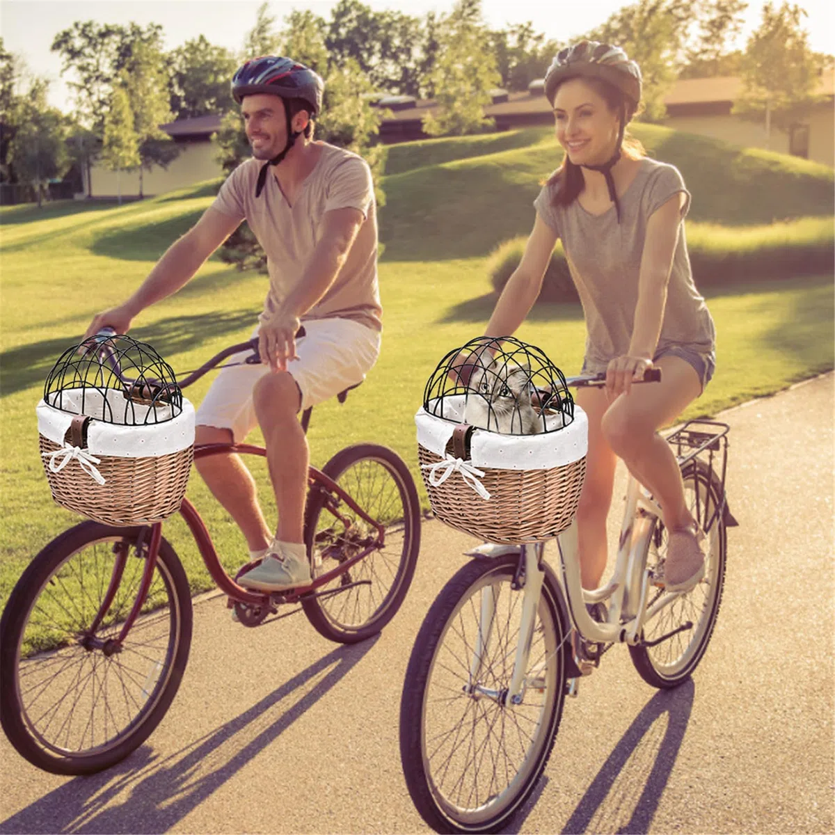 Cesta de Gato para Bicicleta - Transportín para Mascotas de Mimbre con Jaula de Alambre para Bicicleta | Portador de Perro de Multiusos Desmontable, Asiento de Perro de Cesta Tejida delanter