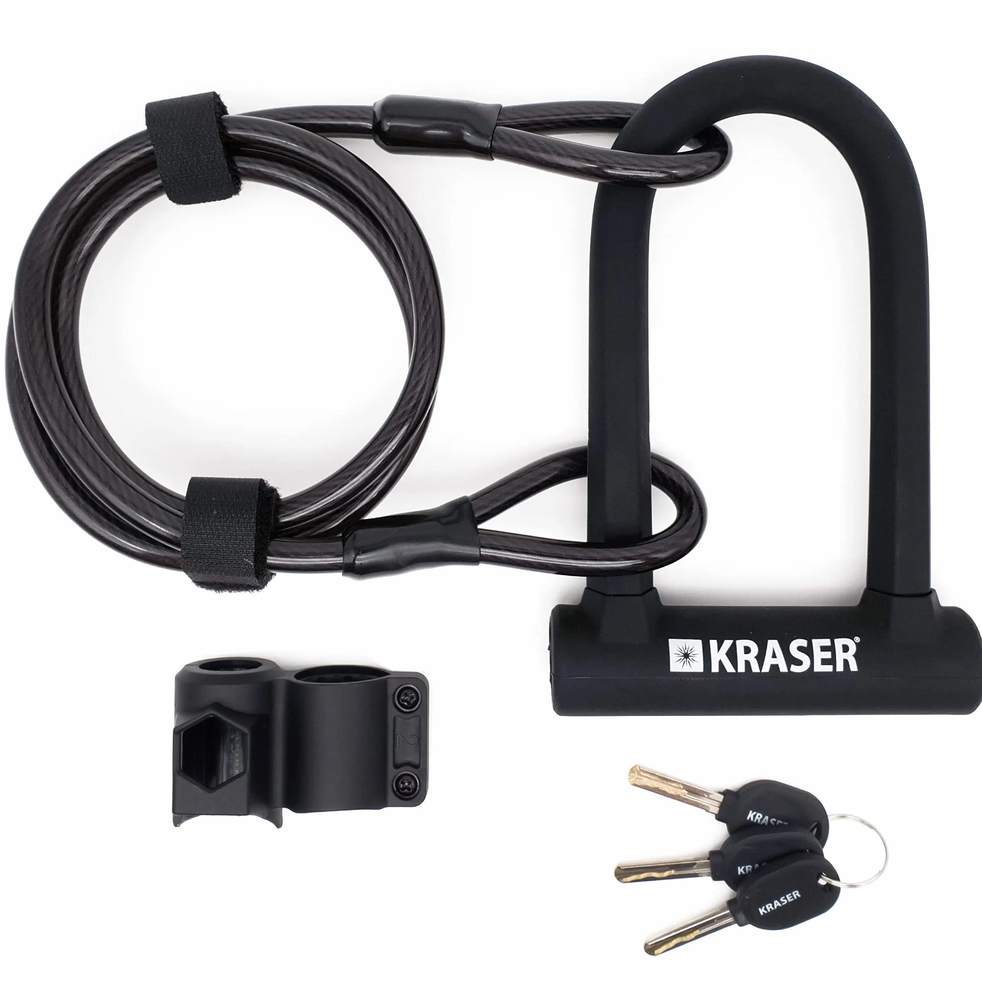 KRASER KR65145B Candado Bicicleta U, Alta Resistencia, Compacto + Cable 120cm Más Seguro y Páctico, Horquilla ø16 Acero de Doble Bloqueo, Soporte Fácil Transporte, Antirrobo Universal Bici Patinete