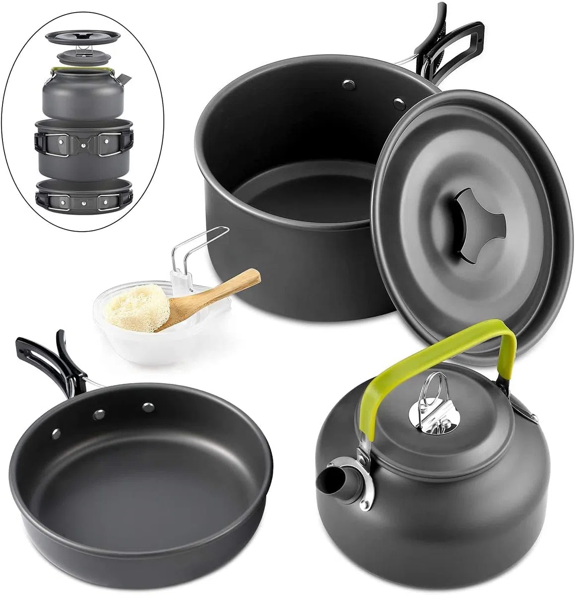 Qtiwe Camping Cookware Outdoor Libre ,utensilios de cocina para acampar, ollas de aluminio ligero plegables para camping, vajilla para cocinar al aire libre.