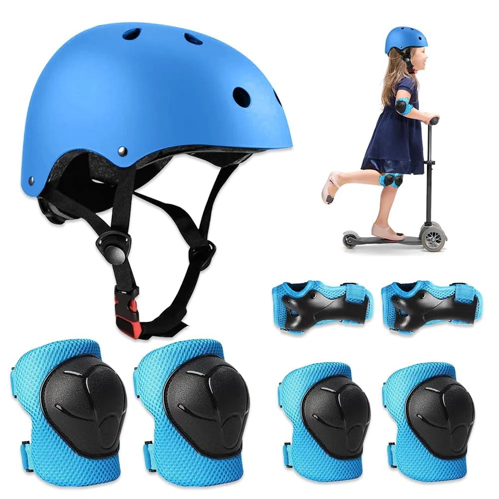 Conjuntos de Patinajes , Niños Protecciones Patines Infantiles Set de Protección Patinaje con Casco Ajustables Rodilleras y Coderas para Ciclismo Monopatín Patinaje y Otros Deportes, Azul