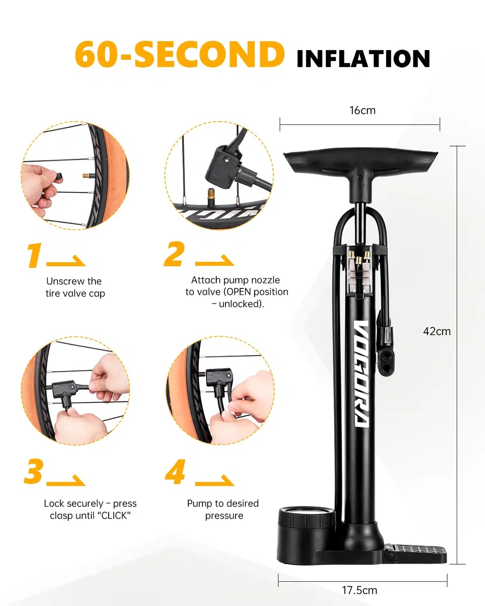 Bomba para Bicicleta VOGORA con Manómetro de Alta Presión,Inflador Bicicletas 160 PSI para válvulas Presta y Schrader - Ideal para neumáticos, balones y artículos inflables